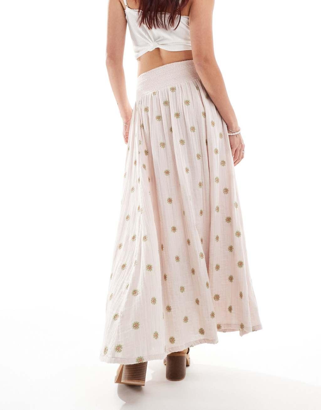 Free People floral print midi skirt with slit in neutral Product Image