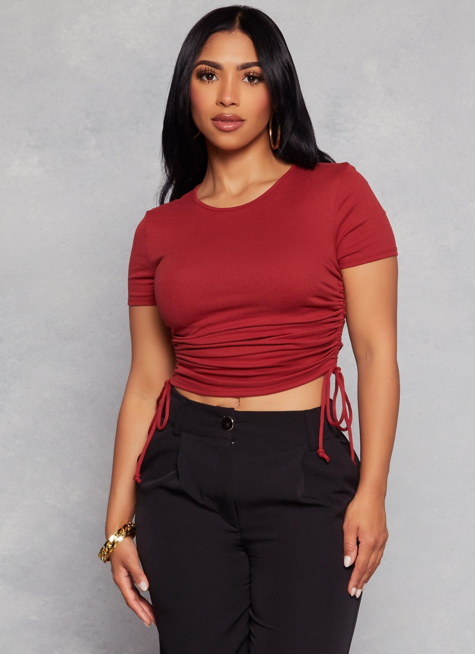 Womens Solid Crew Neck Ruched Side Crop Top Product Image