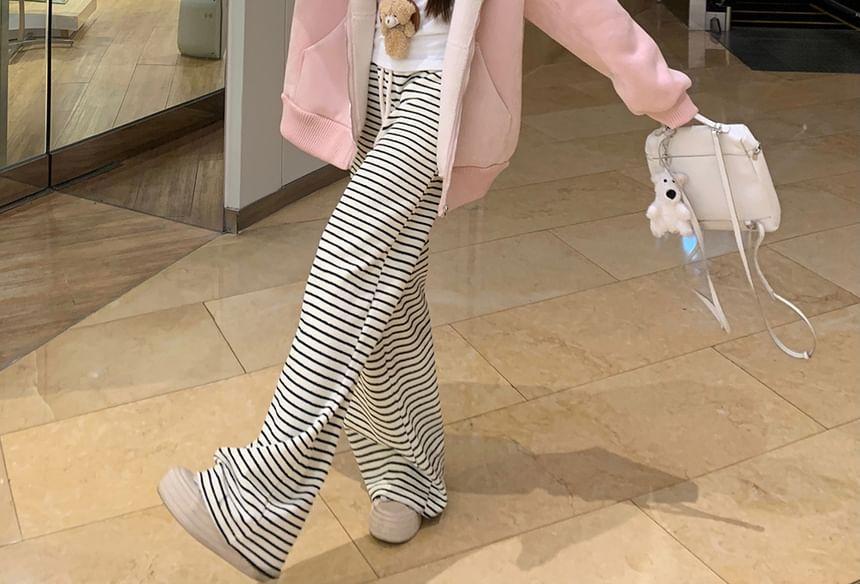 Plain Fleece-Lined Zip Hoodie / Long Sleeve Halter Plain Mock Two Piece T-Shirt / Drawstring Waist Striped Wide Leg Pants Product Image