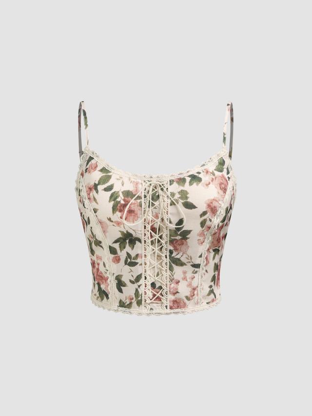 Scoop Neckline Floral Lace Up Crop Cami Top Product Image