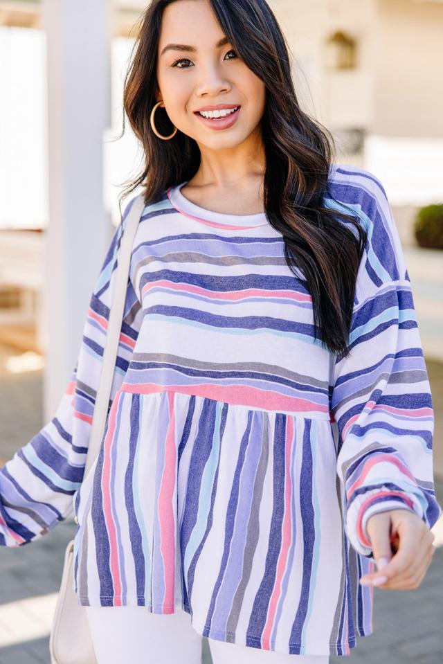 Let's Find Out Blue Striped Bubble Sleeve Top Female Product Image