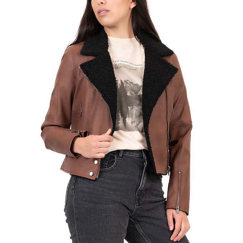 Juniors Coffee Shop Sherpa & Faux Leather Moto Jacket, Womens Product Image