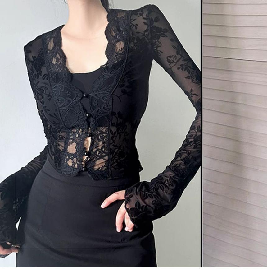 Long-Sleeve V-Neck Lace Crop Top Product Image