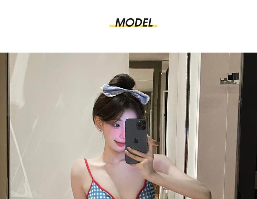 Set: Spaghetti Strap V-Neck Plaid Swimsuit + Plain Swim Skirt Product Image