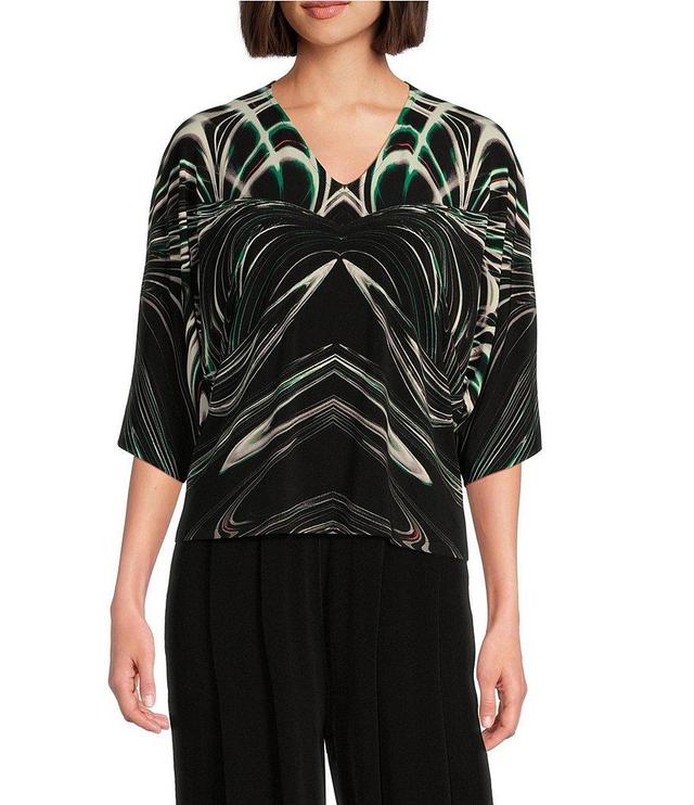 Eva Varro Knit Abstract Swirl V-Neck Elbow Kimono Sleeve Caftan Top Product Image