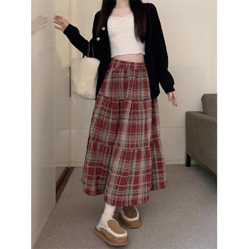 High Rise Plaid Midi A-Line Skirt Product Image