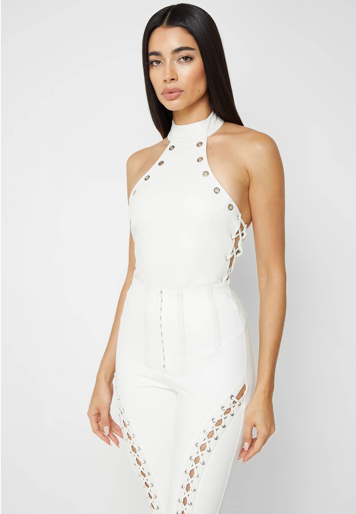 Leather Lace Up Halterneck Bodysuit - White Female Product Image