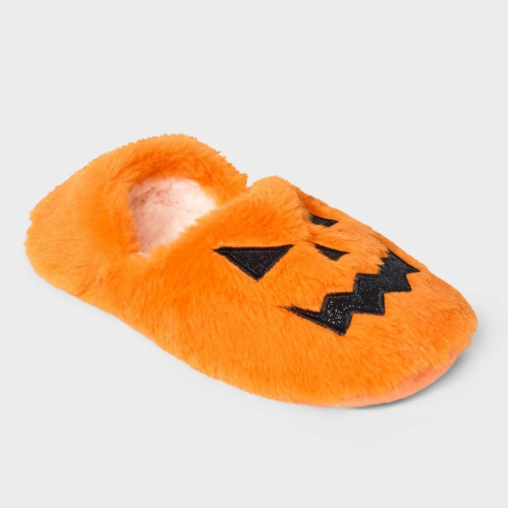 Womens Pumpkin Glitter Embroidered Halloween Faux Fur Pull-On Slipper Socks with Grippers - Hyde & EEK! Boutique Orange/Black Product Image