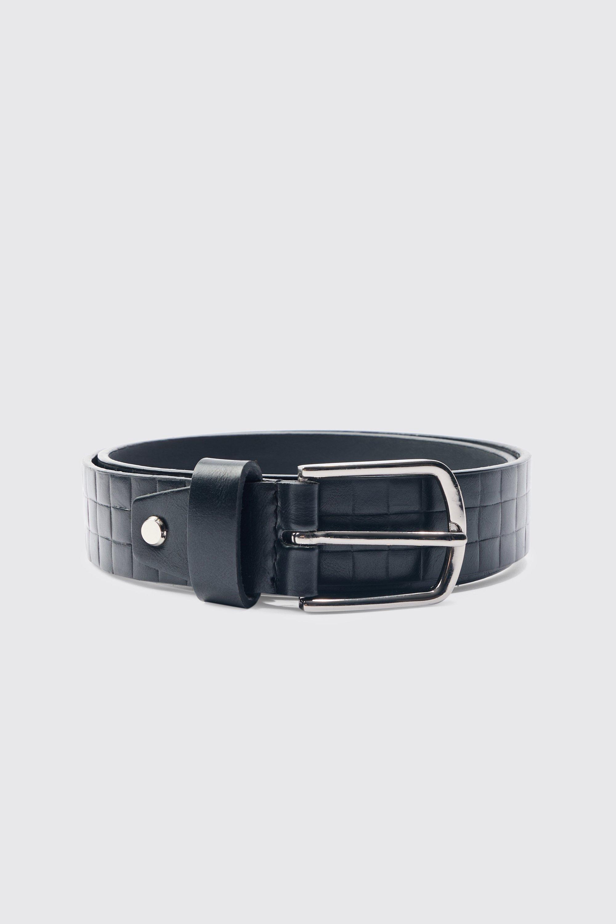 Pu Checkerboard Belt In Black | boohooMAN USA Product Image