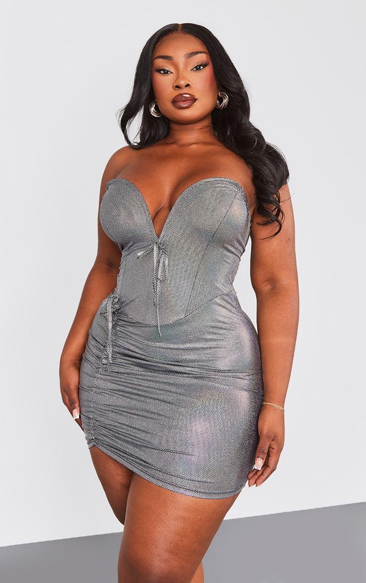 Plus Silver Metallic V Bar Bodycon Dress Product Image