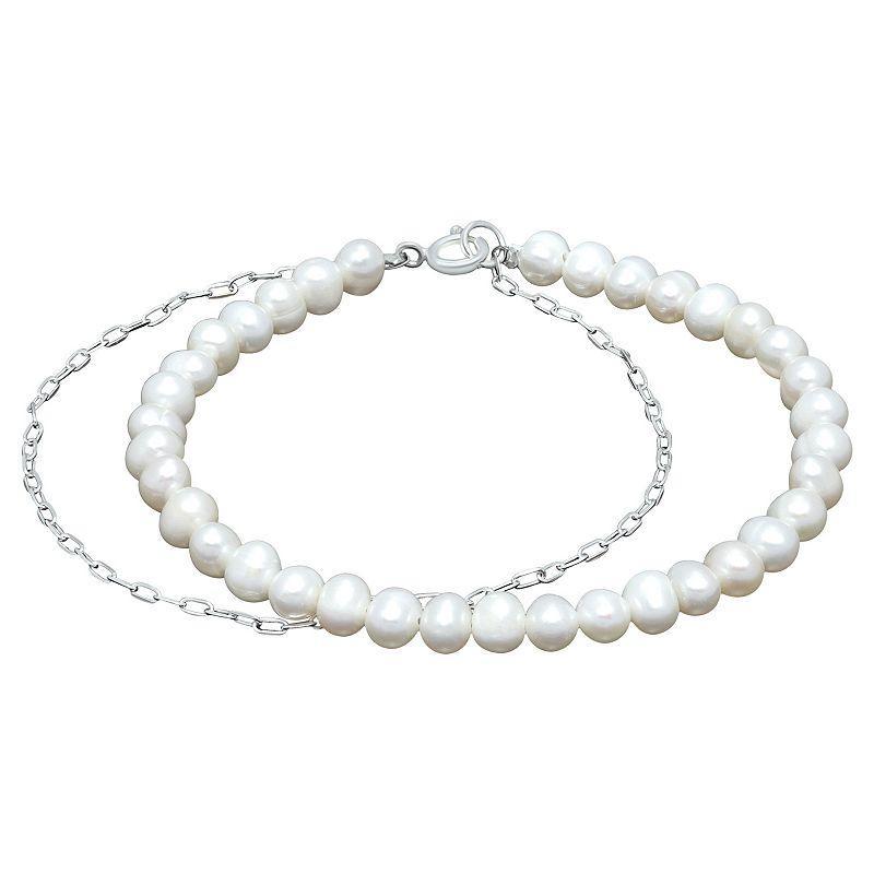 Aleure Precioso Sterling Silver Freshwater Cultured Pearl & Paper Clip Chain Bracelet, Womens Silver Tone Product Image