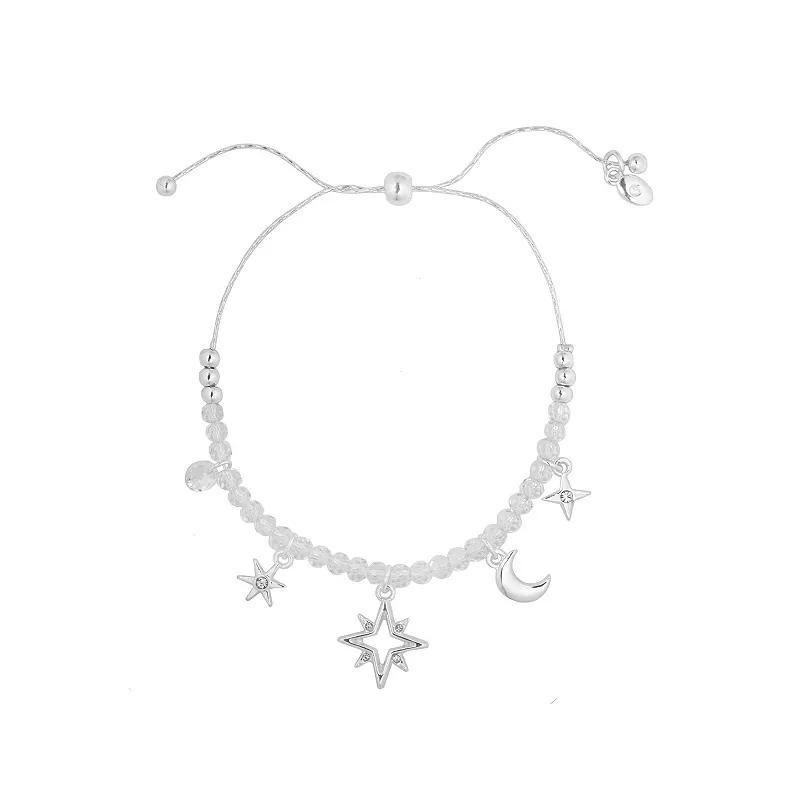 Emberly Silver Tone Crystal Celestial Charm Beaded Adjustable Bracelet, Womens, Clear Product Image