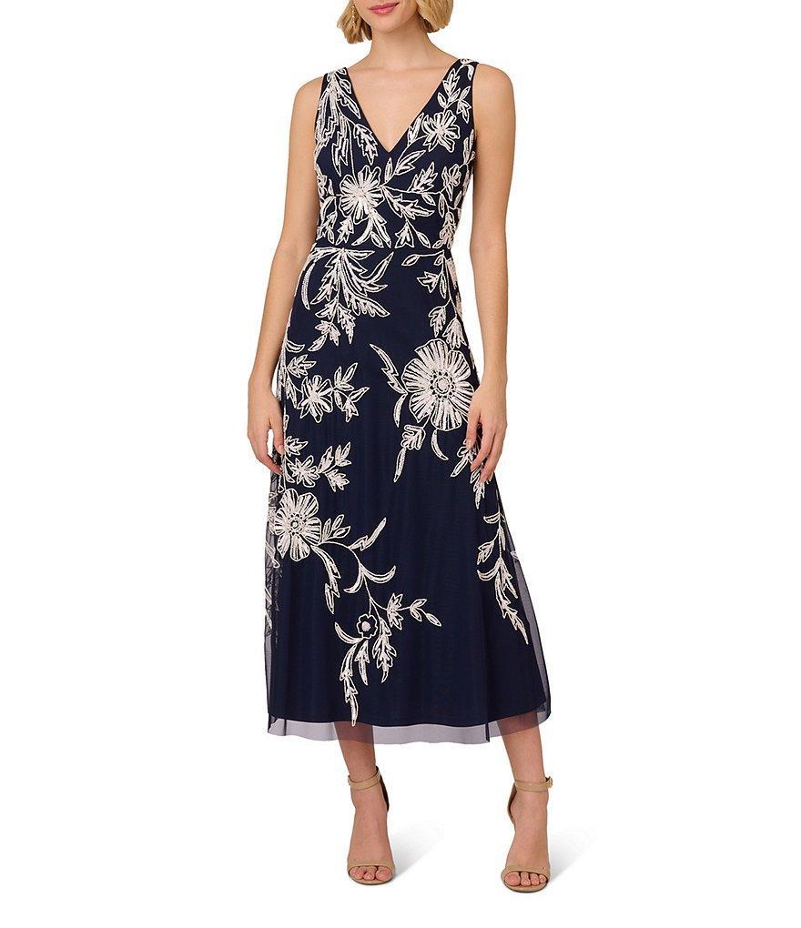 Adrianna Papell Beaded Floral Embroidered V-Neck Sleeveless Midi A-Line Dress Product Image