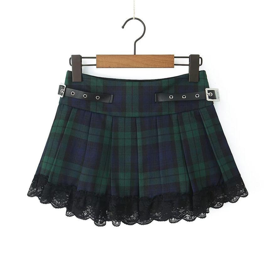 Mid Rise Plaid Buckled Lace Ruffle Mini A-Line Skirt Product Image