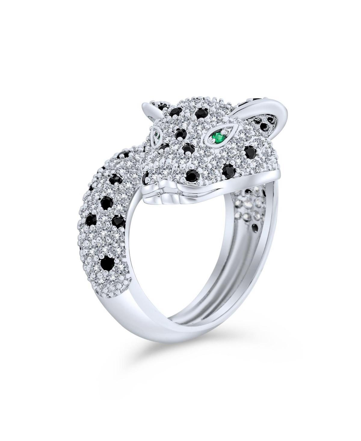 Bling Jewelry Green Eye Black White Cubic Zirconia Cz Fashion Leopard Panther Cat Statement Bypass Ring For Women Rhodium Plated Brass Product Image