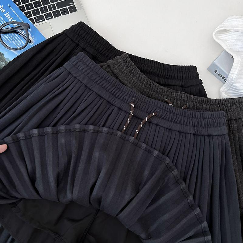 Drawstring Waist Plain Pleated Mini A-Line Skirt Product Image