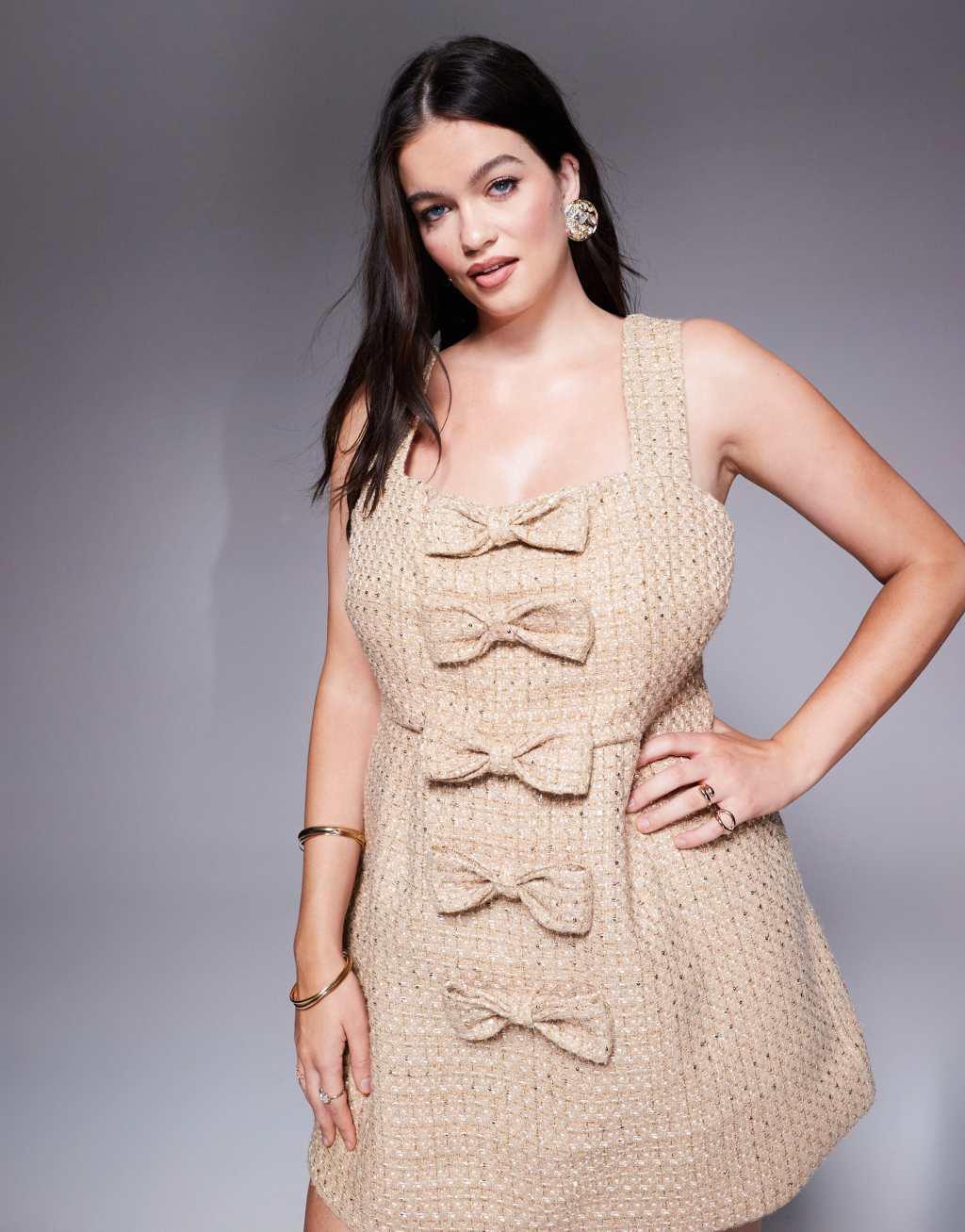 ASOS LUXE Curve embellished boucle mini dress in gold Product Image