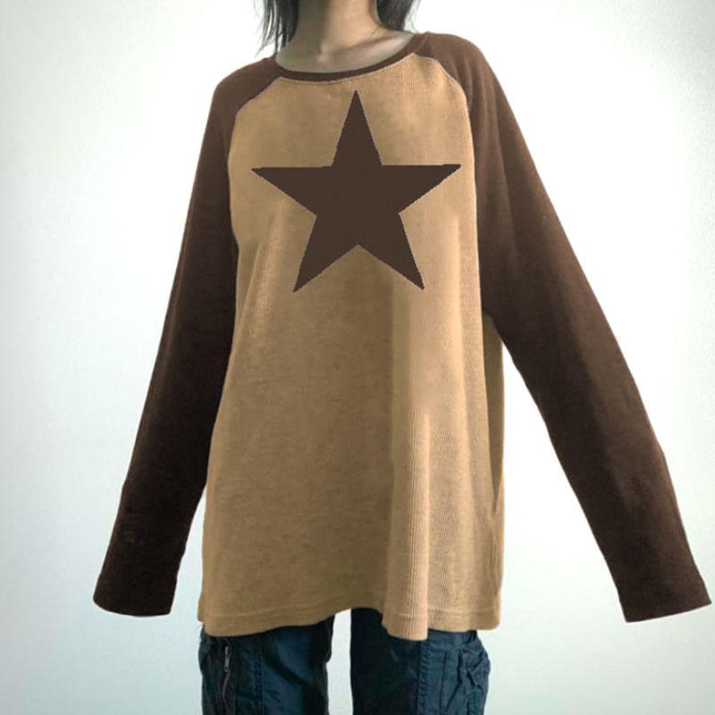 Long Raglan Sleeve Star Print Oversized T-Shirt Product Image