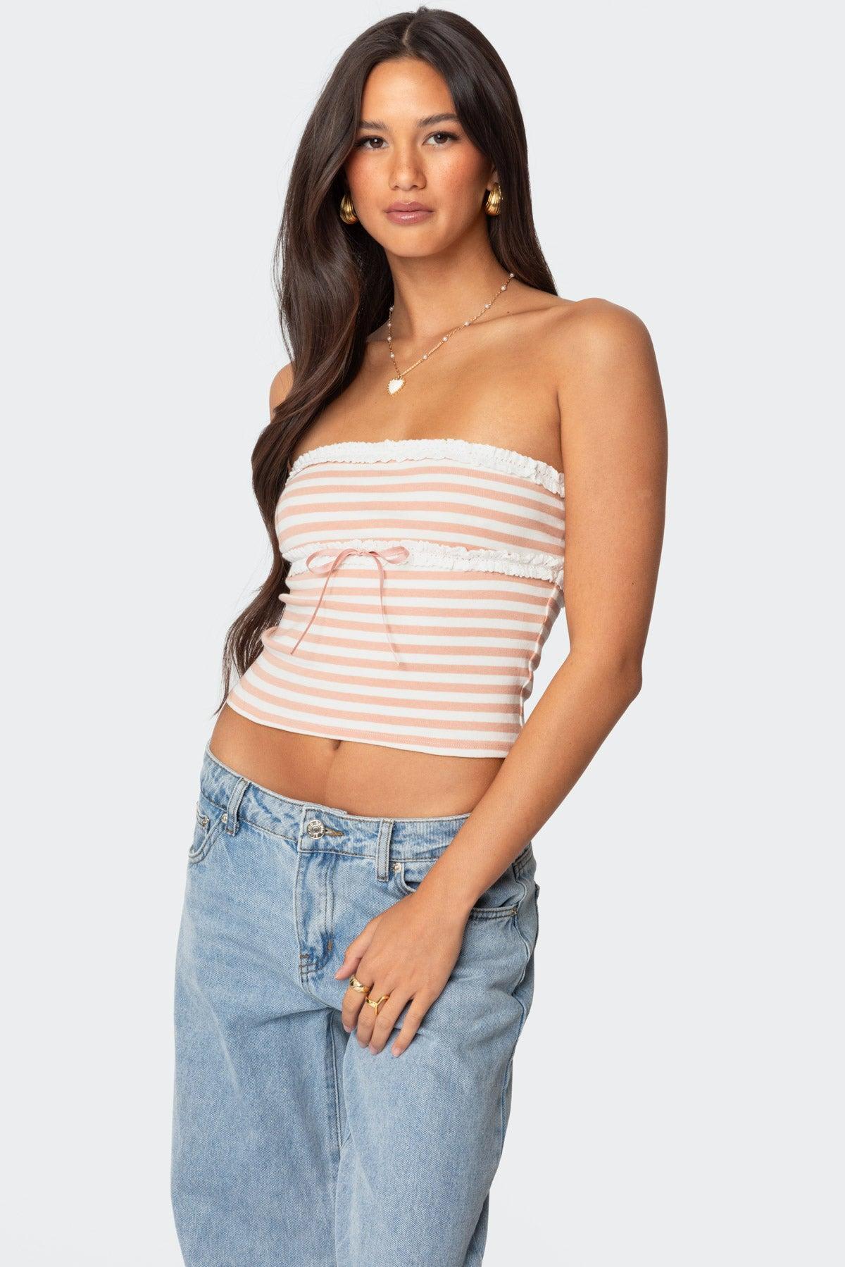 Striped Eyelet Trim Tube Top Product Image