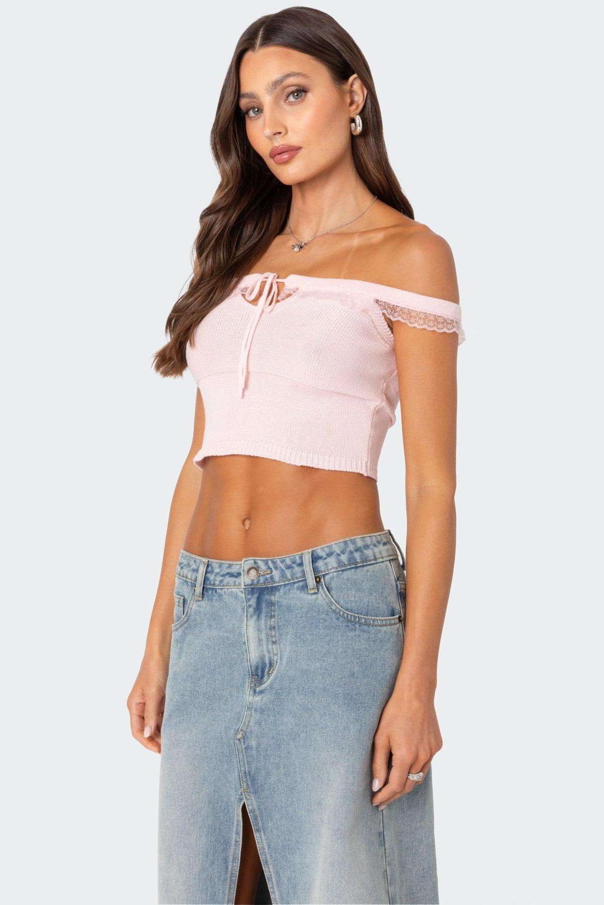 Off Shoulder Trimmed Knit Top Product Image