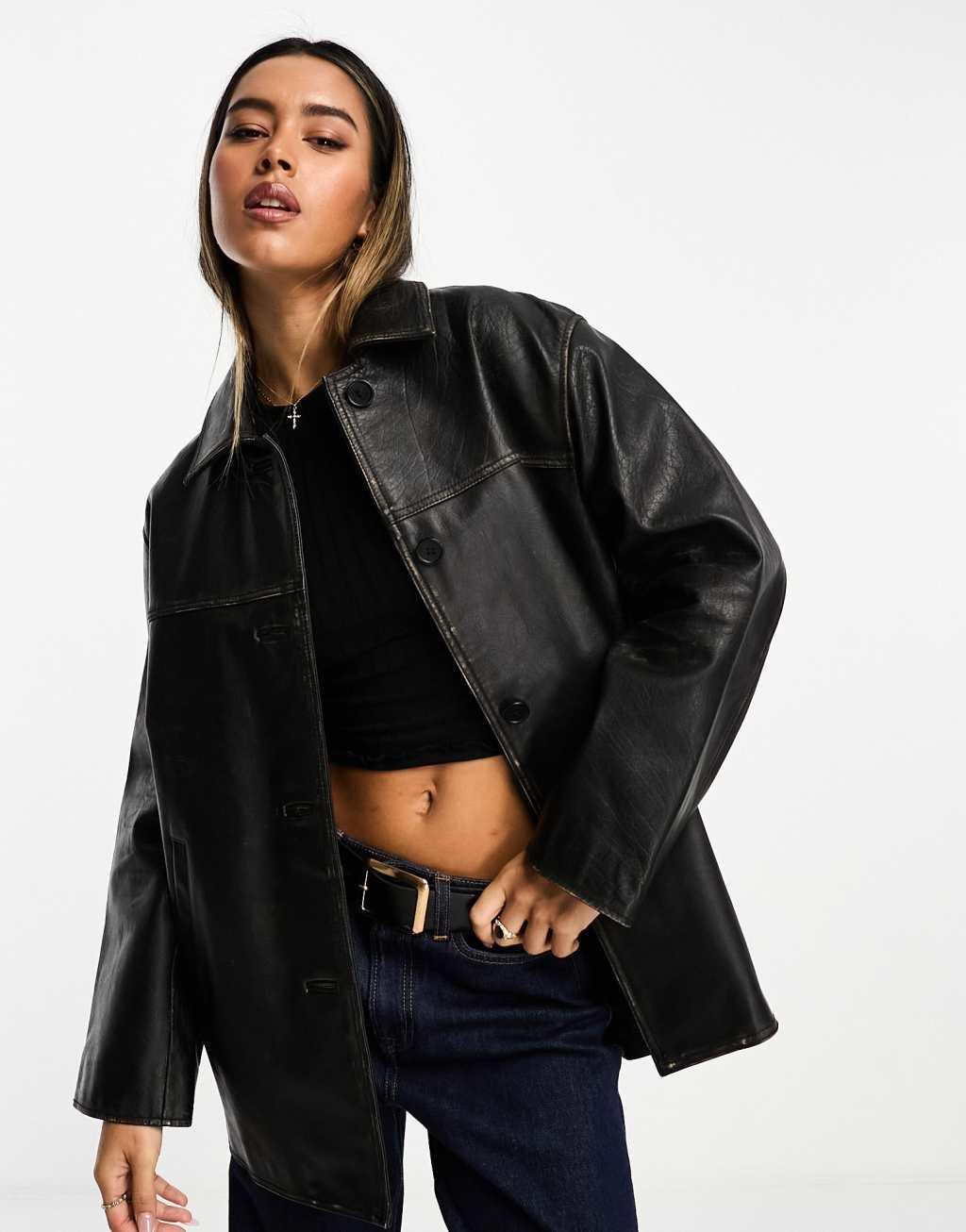 ASOS DESIGN premium washed real leather top collar jacket in black Product Image