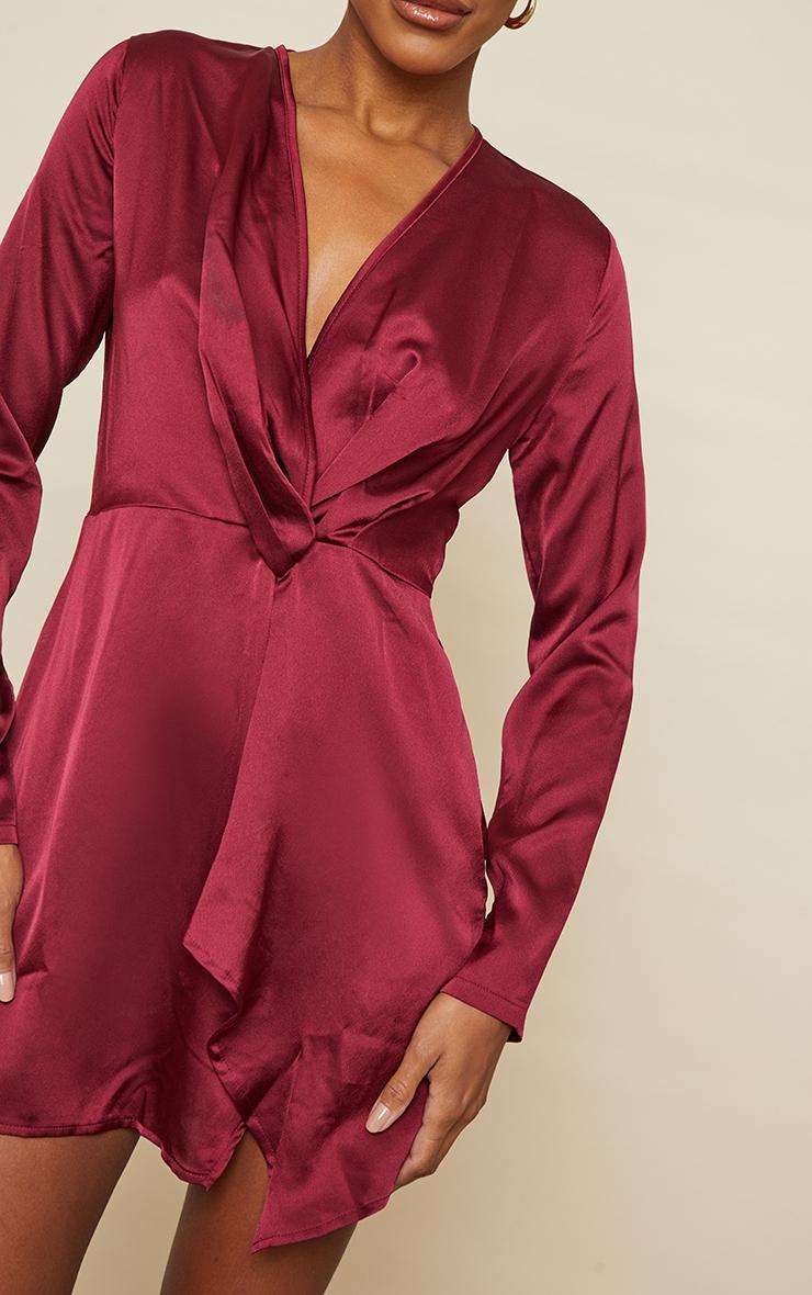 Burgundy Satin Long Sleeve Wrap Dress Product Image