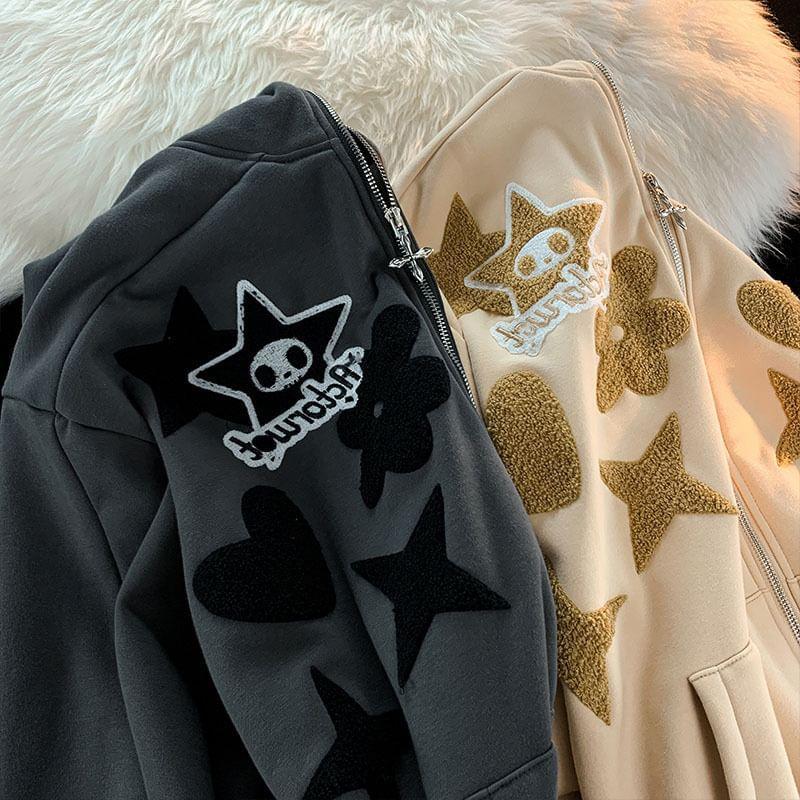 Long Sleeve Star Embroidered Loose-Fit Zip-Up Hooded Jacket Product Image