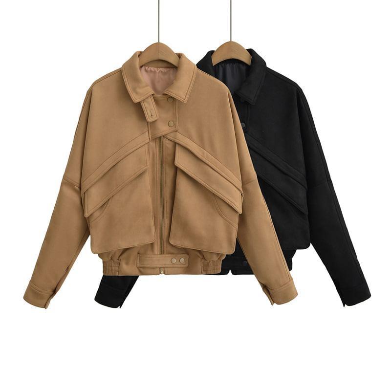 Collared Plain Zip-Up Faux Suede Jacket Product Image