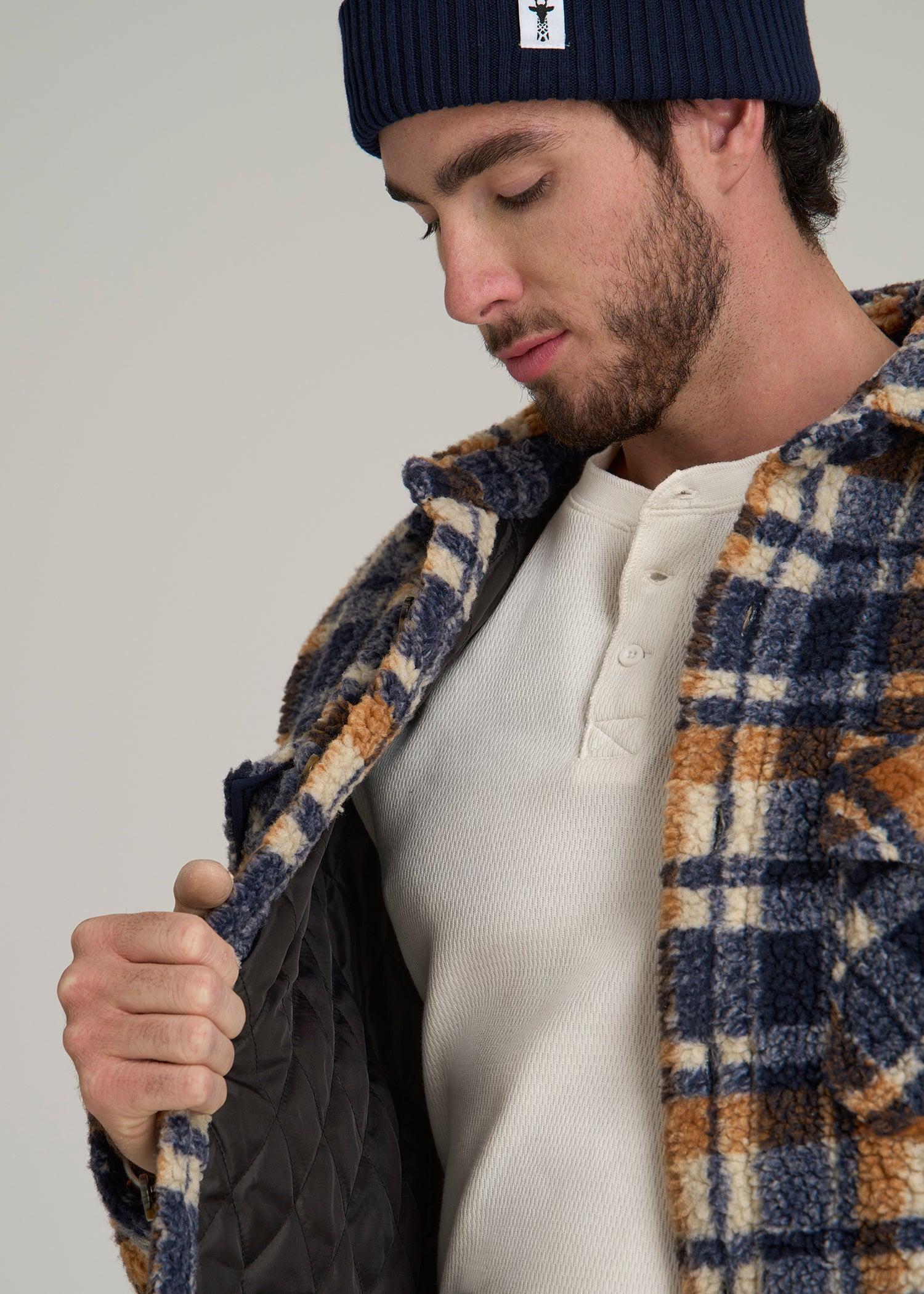 Tall Men's Sherpa Shirt Jacket in Dark Blue and Orange Plaid Male Product Image