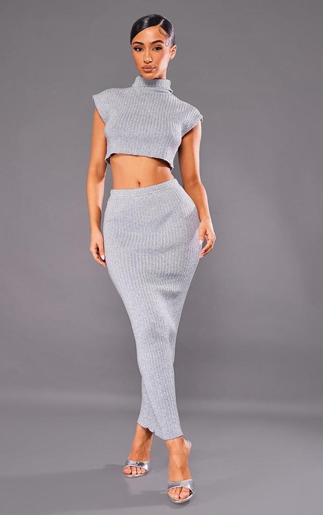 Petite Silver Glitter Knit Low Waist Midaxi Skirt Product Image