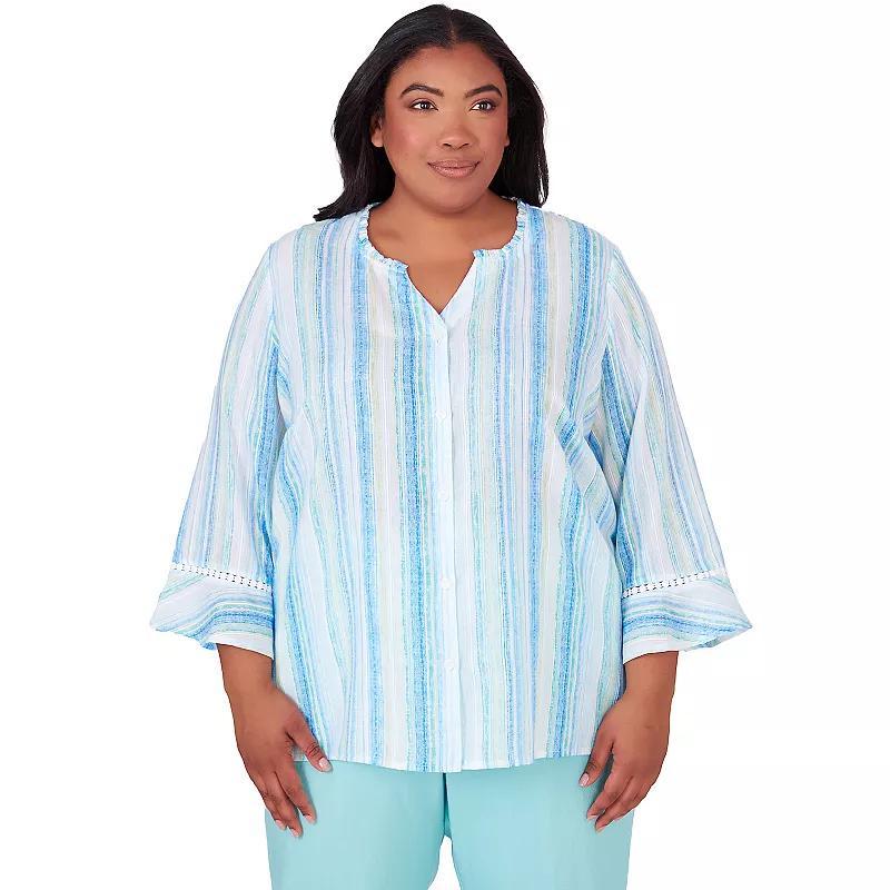 Plus Size Alfred Dunner Striped Bell Sleeve V-Neck Blouse Top, Womens Product Image