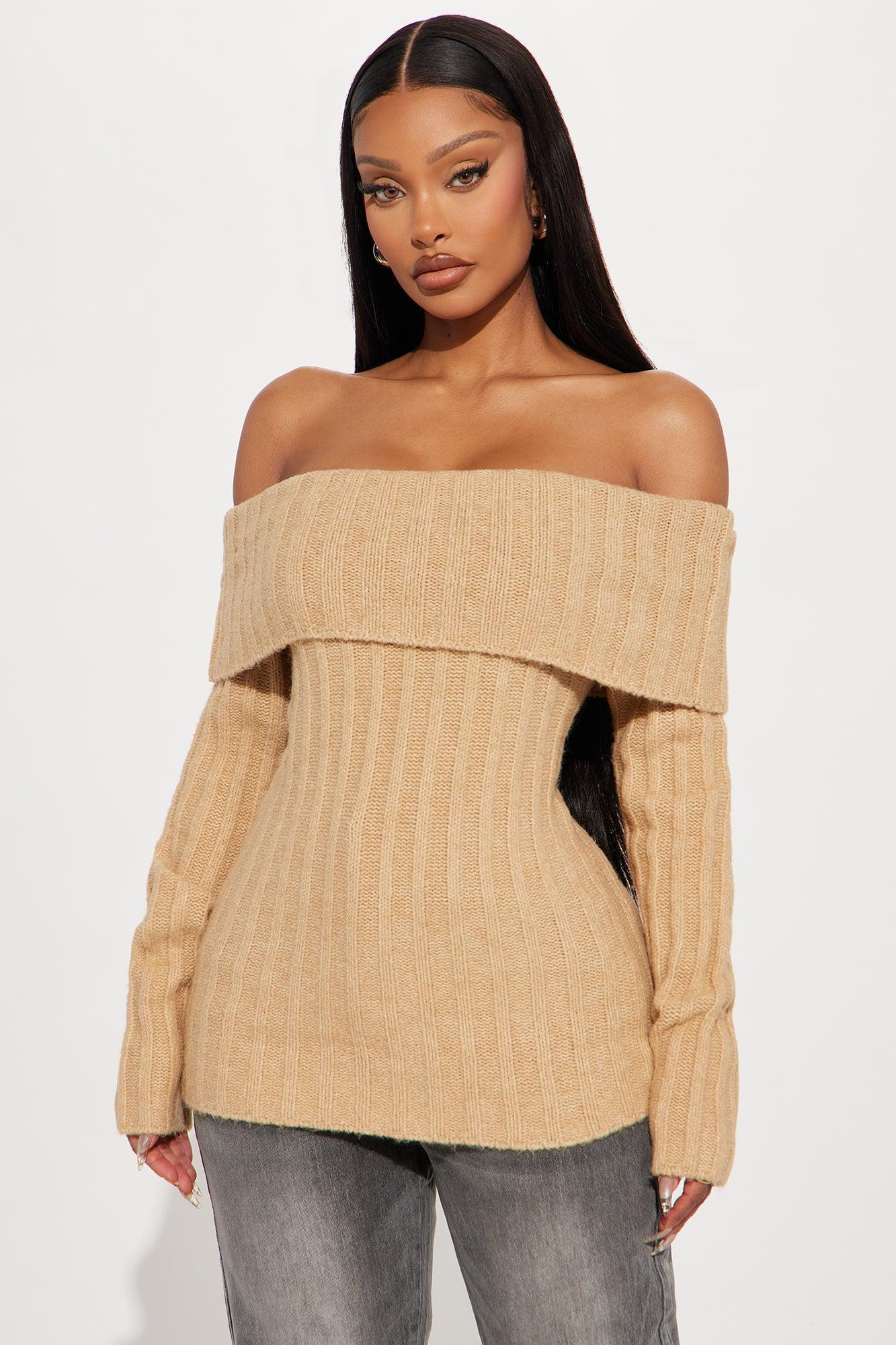 Mid City Off Shoulder Sweater - Taupe Product Image