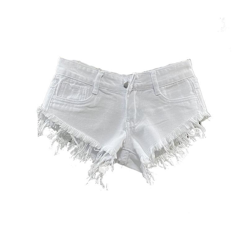 Low Rise Washed Distressed Denim Shorts Product Image