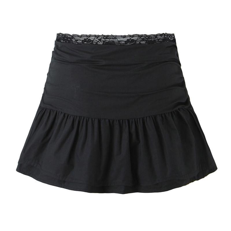 High Waist Plain Ruched Bow Lace Trim Mini A-Line Skirt Product Image