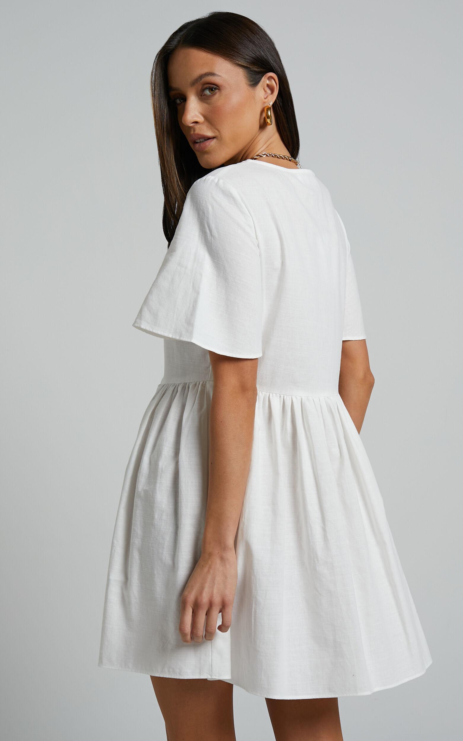 Staycation Mini Dress - Smock Button Up Dress in White Product Image