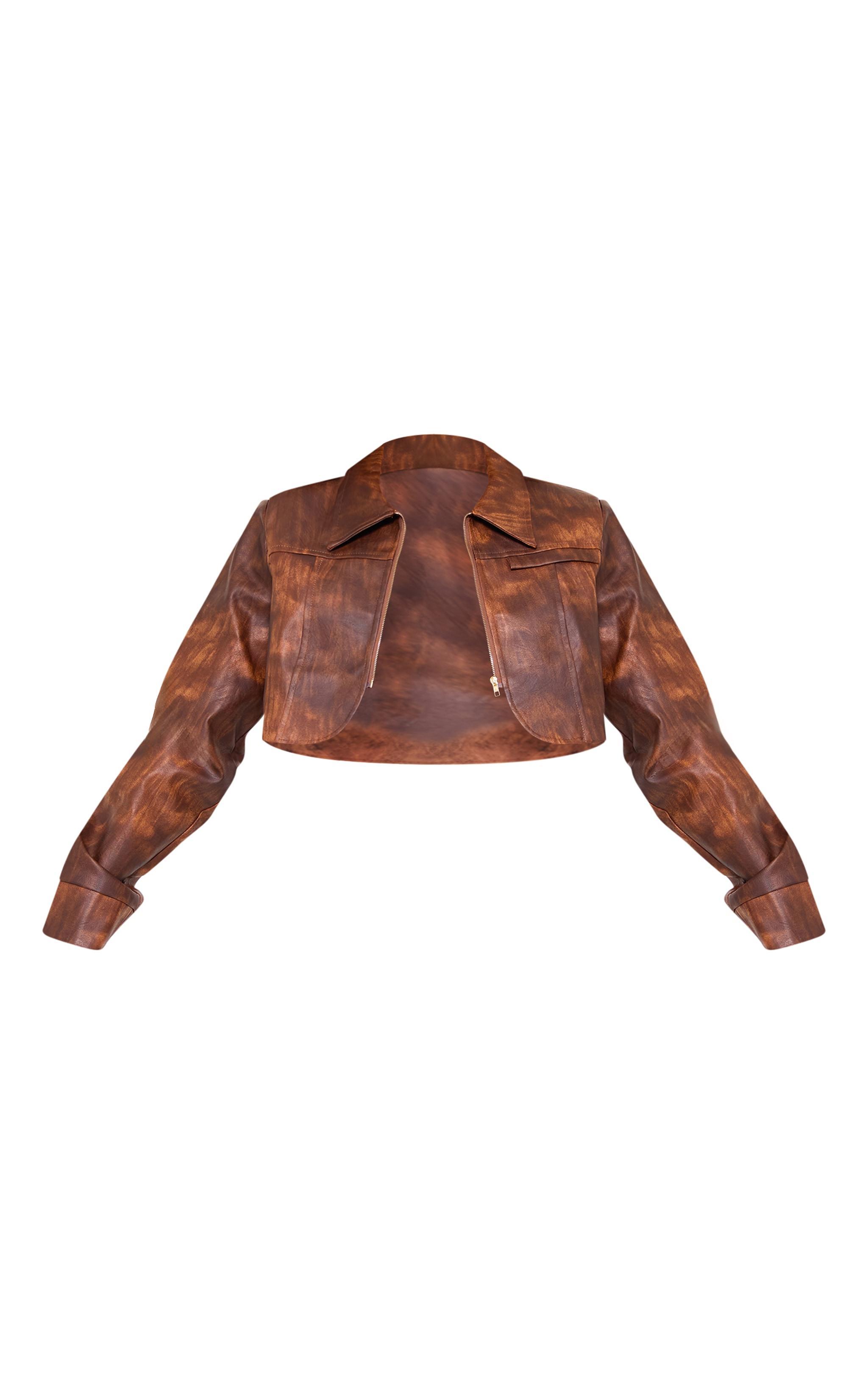 Brown Distressed Faux Leather Curved Hem Cropped Jacket Product Image