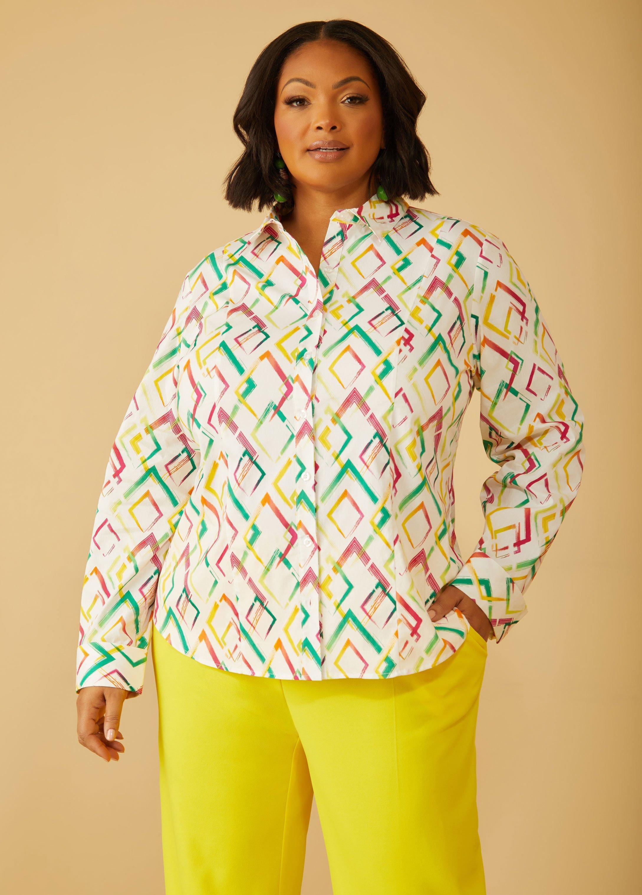 Plus Size Diamond Print Cotton Blend Shirt Ashley Stewart Product Image