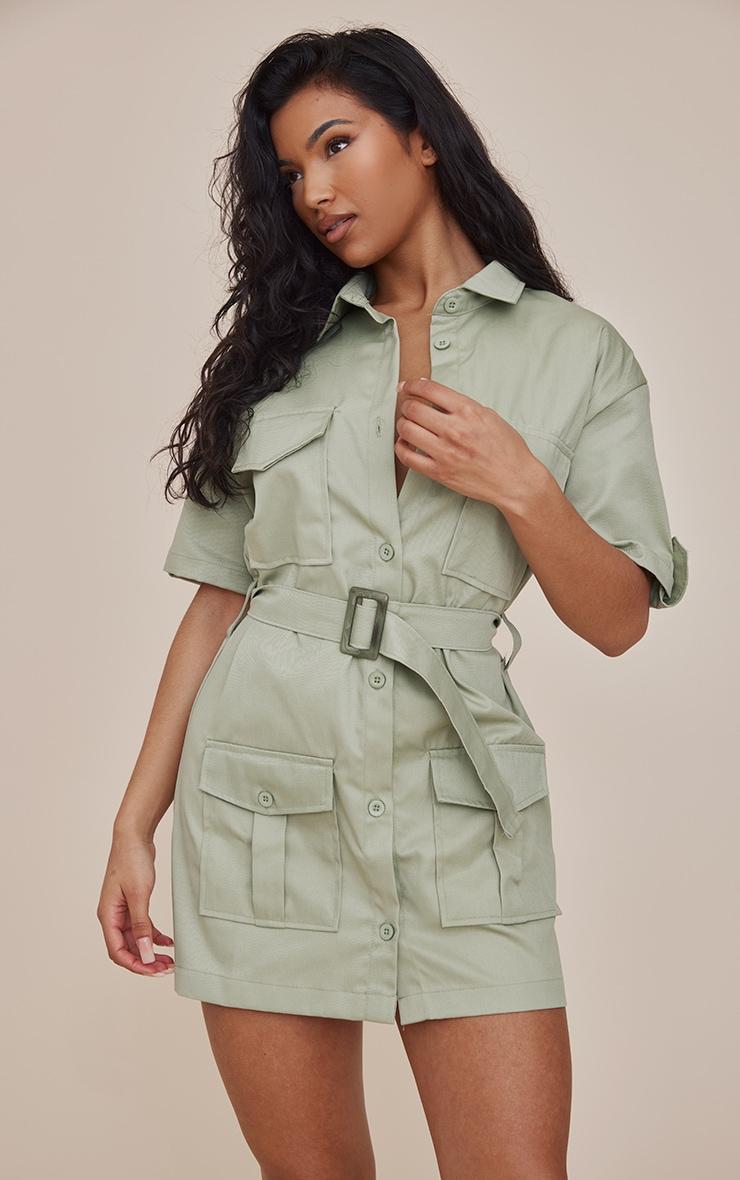 Sage Cargo Shirt Sleeve Belted Shirt Dress Product Image