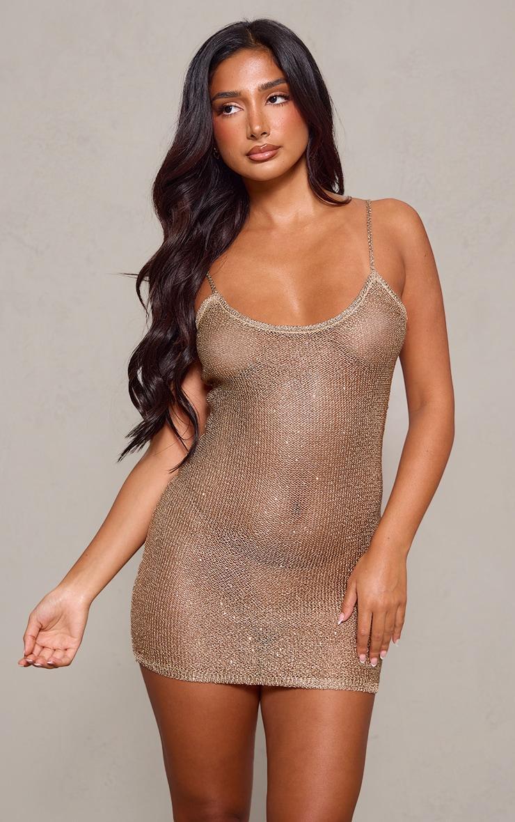 Petite Gold Strappy Sequin Knitted Mini Dress Product Image