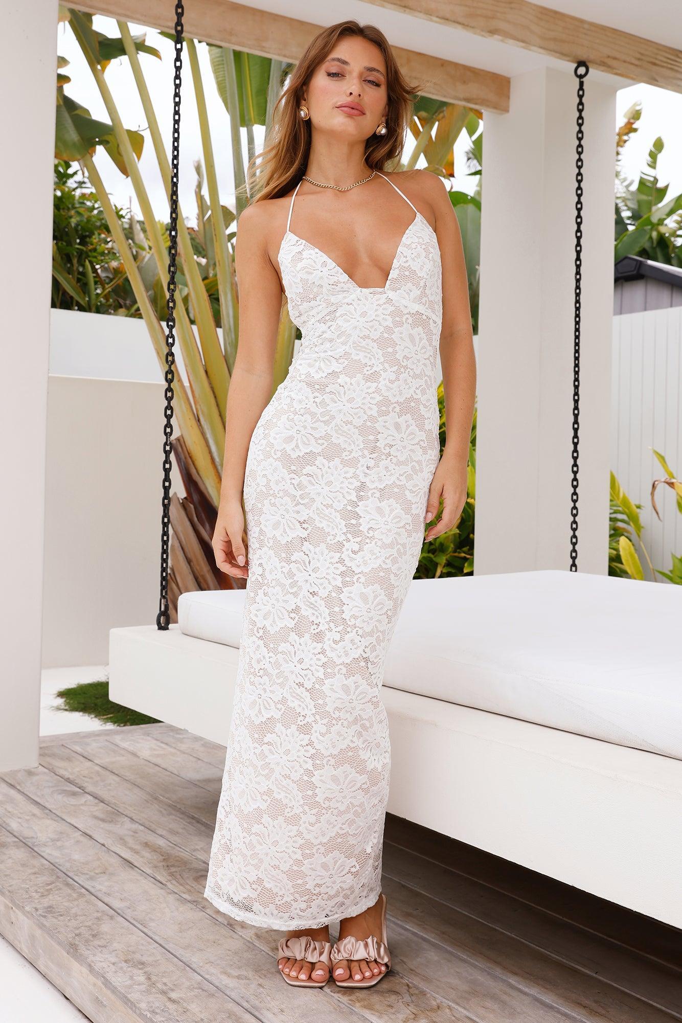 Make Believe Lace Halter Maxi Dress White Product Image