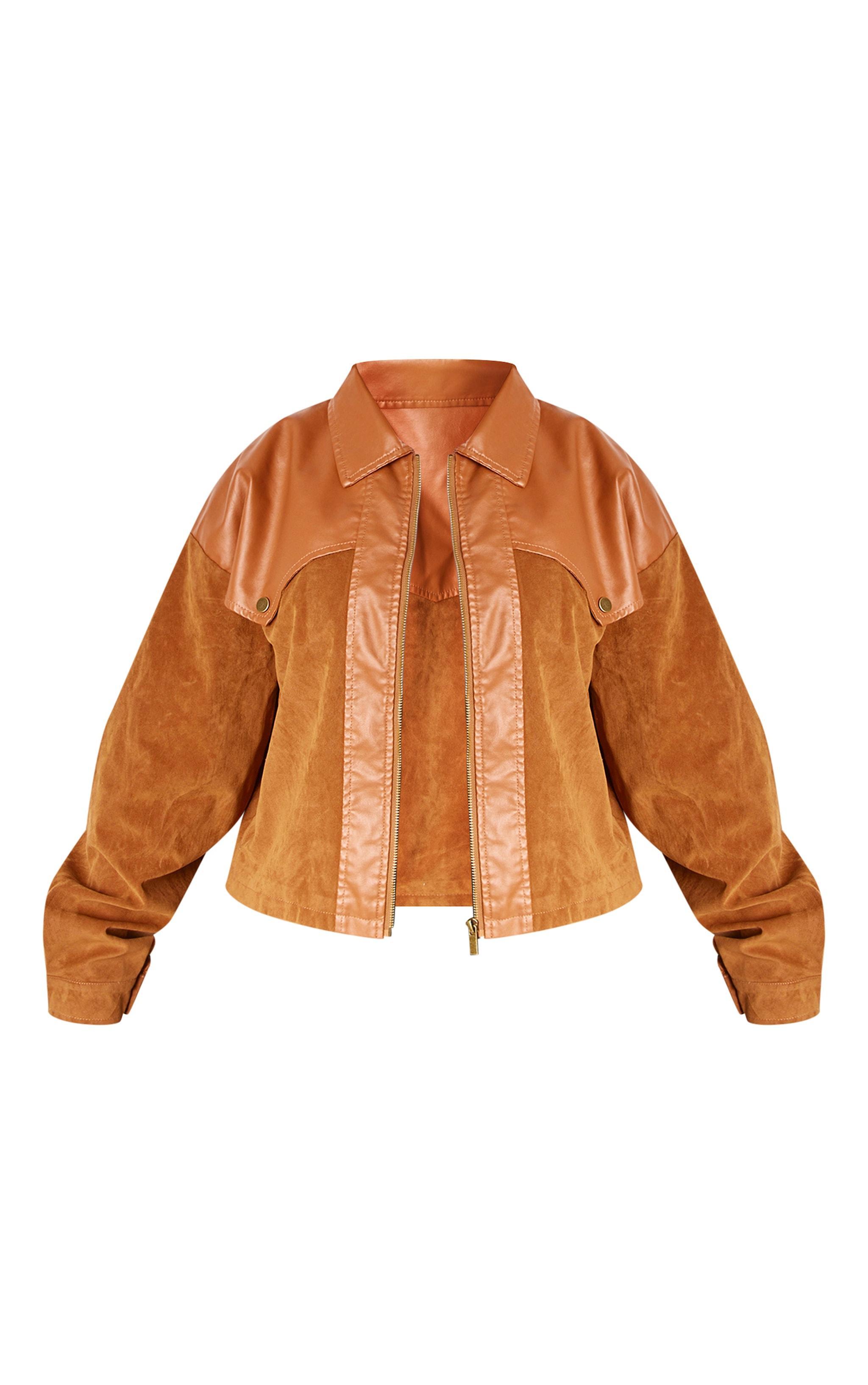 Plus Brown Faux Suede Western Panel Detail Oversized Jacket Product Image