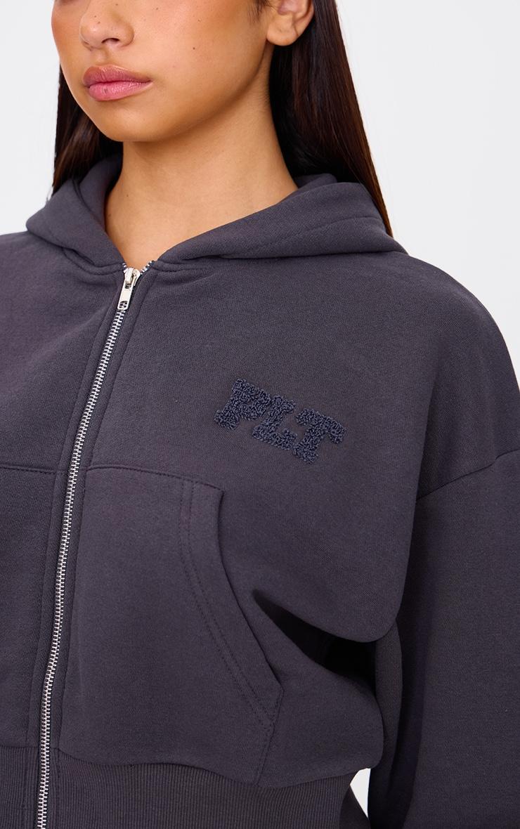 PRETTYLITTLETHING Blue Grey Borg Graphic Zip Up Hoodie Product Image