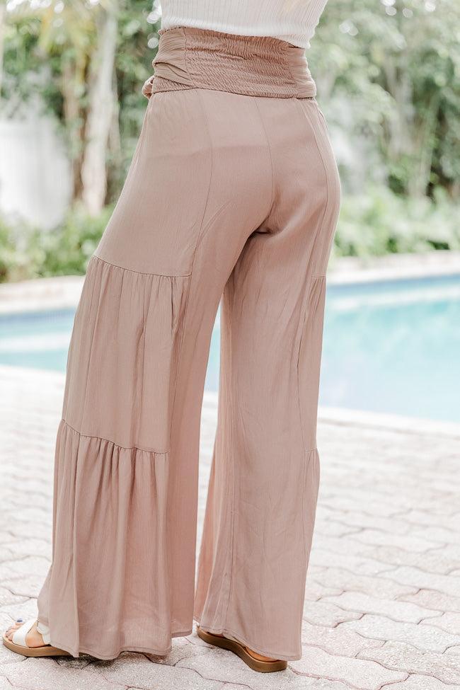 Don't Get Me Wrong Taupe Smocked Tie-Waist Tiered Pants FINAL SALE Product Image