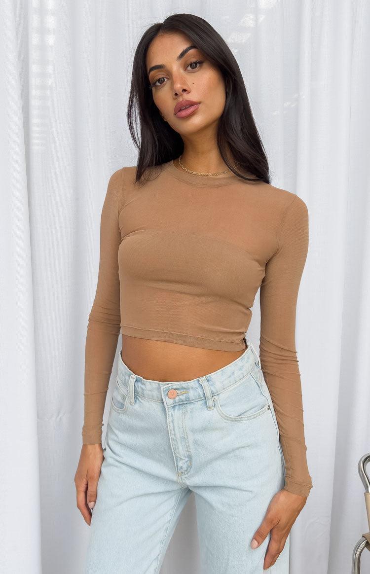 Evermore Beige Mesh Long Sleeve Top Product Image