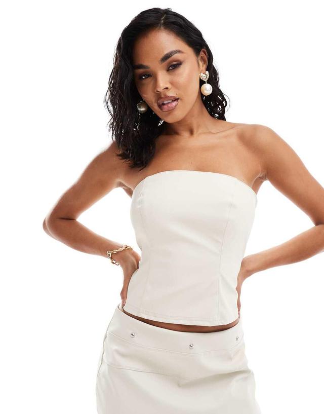 ASOS DESIGN leather look clean bandeau corset in cream - part of a set Product Image