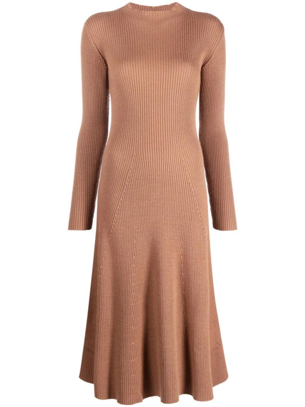 MONCLER Ribbed Knit Wool Midi Dress In Camel Product Image