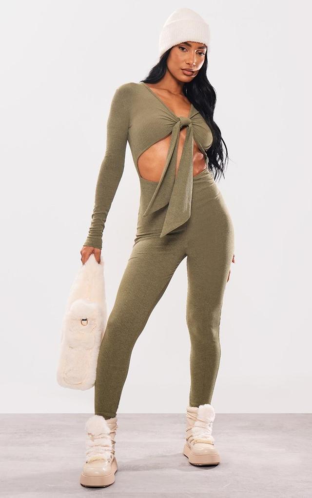 Khaki Ribbed Wrap Tie Long Sleeve Jumpsuit Product Image