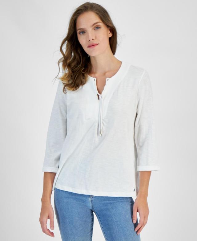 Nautica Jeans Womens Cotton Lace-Up-Neck 3/4-Sleeve Top Product Image