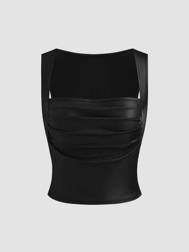 Square Neck Solid Ruched Crop Tank Top Product Image