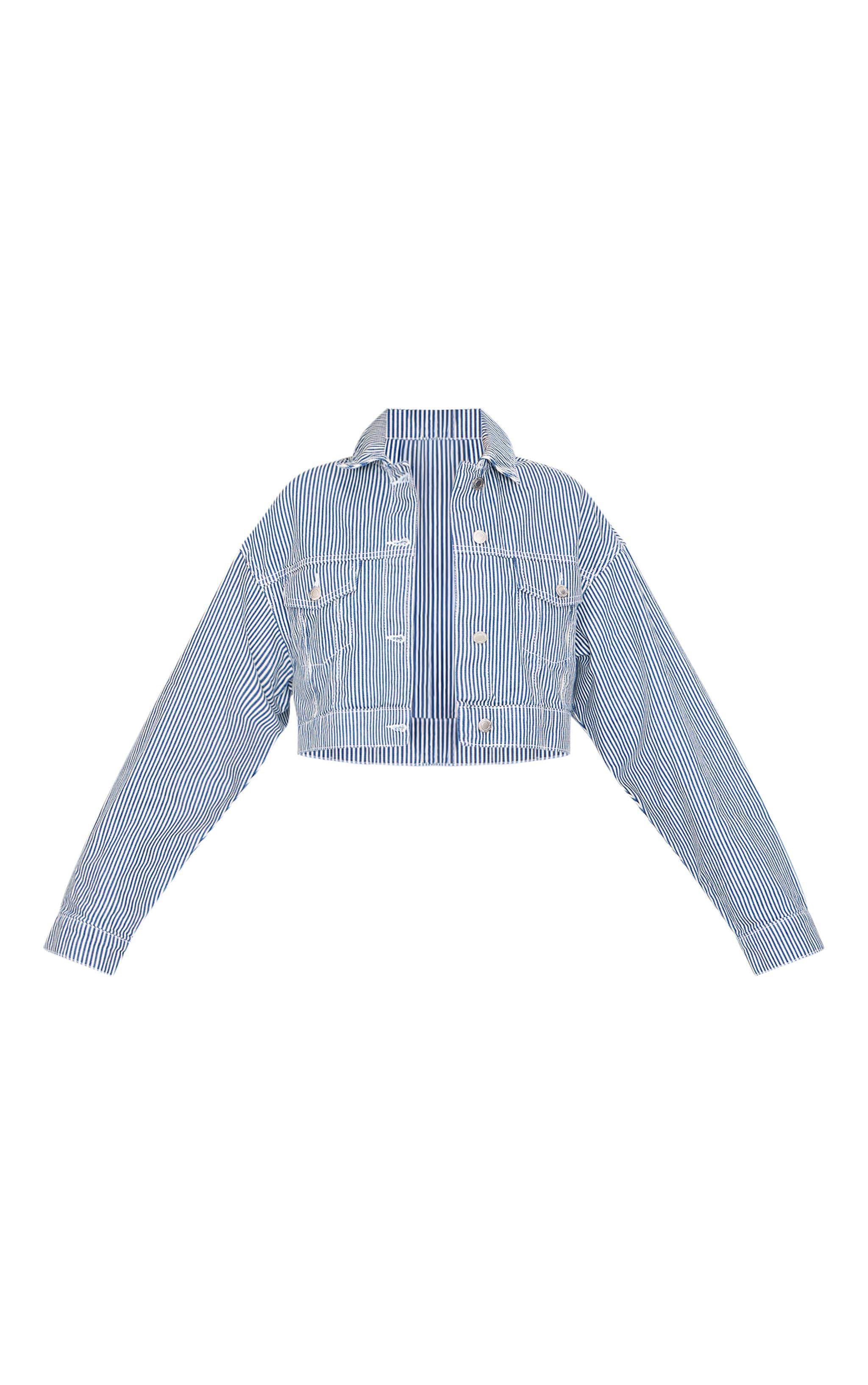 Blue Cropped Pinstripe Denim Jacket Product Image